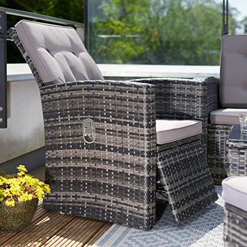 TecTake 801040 Garden rattan furniture set | Outdoor 6 seater polyrattan coffee table and chairs | Patio sofa, 2 armchairs and 2 stools with cushions (Grey)