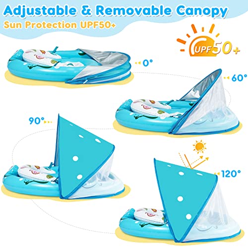 URMYWO Baby Swimming Float with SPF50+ Sun Protection Canopy Toddler Floaties Newborn Learning Swimming Adjustable Seat Pool Float for 3-36 Months Blue