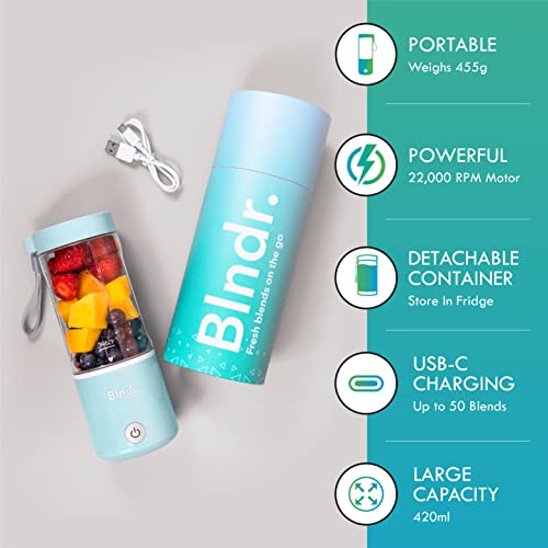 Blndr | Portable, Rechargeable Blender & Smoothie Maker | 420ml Capacity, 6 Stainless Steel Blades, 4000mAH Battery (Aqua Blue)