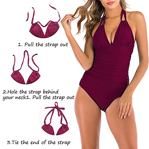 AIKSSOO Womens One Pieces Swimsuit Tummy Control Swimming Costume Ruched Hanging Neck Bandage Bathing Suit Claret