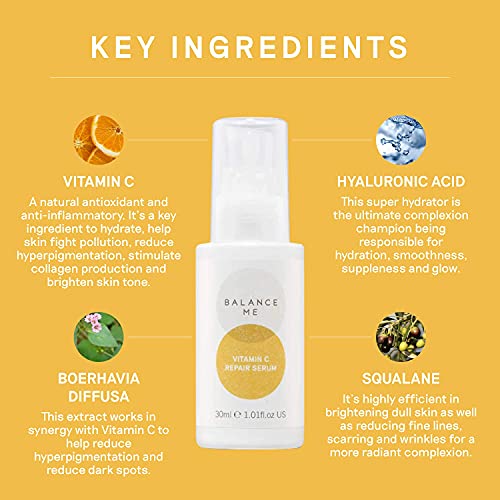 Balance Me Vitamin C Repair Serum – 100% Natural Vegan Anti-Ageing Serum – Hydrating Hyaluronic Acid - Reduces Age Spots & Hyperpigmentation – Made In Uk – 30Ml