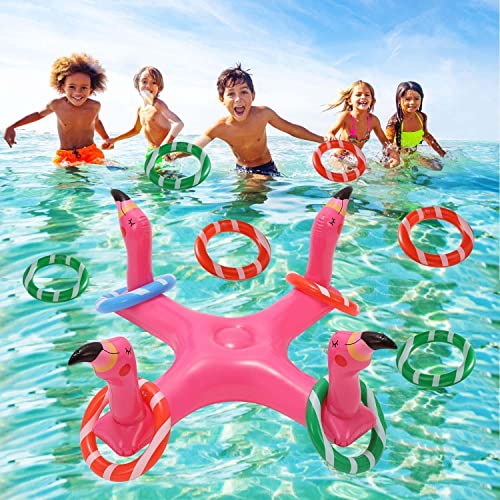 mciskin Flamingo Inflatable Pool Ring Toss Games Toys, Floating Flamingo Swimming Pool Ring with 6Pcs Rings, Swimming Pool Games for Kids Adults Summer Pool Party