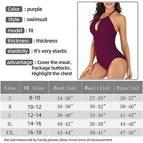 AIKSSOO Womens One Pieces Swimsuit Tummy Control Swimming Costume Ruched Hanging Neck Bandage Bathing Suit Claret