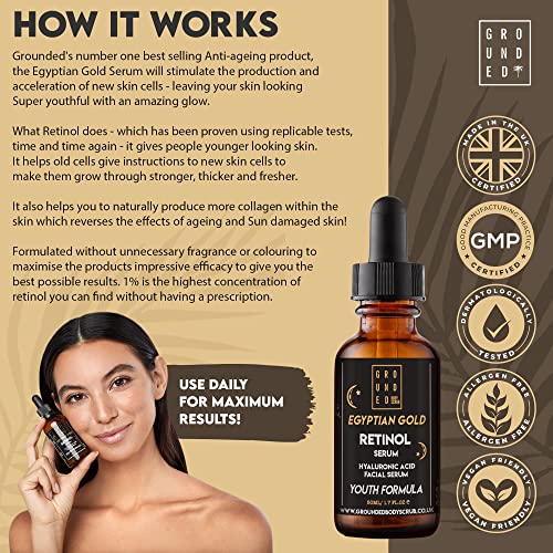 Egyptian Gold Anti Ageing (1%) Retinol Face Serum with Hyaluronic Acid, Vitamin C, Aloe Vera, Vitamin E & Jojoba Seed Oil. High Strength Skin Rejuvenating Formula Suitable for Men & Women - 50ml, UK