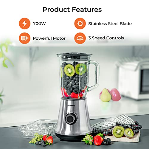 Geepas 700W Glass Jug Food Blender Smoothie Maker | Stainless Steel Cutting Blades, 3 Speed Control with Pulse & 1.5L Glass Jar | Powerful Copper Motor Jug Blender & Ice Crusher – 2 Year Warranty