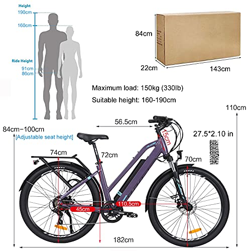 Hyuhome Electric Bikes for Adult Mens Women,27.5" E-MTB Bicycles Full Terrain 36V 12.5Ah Mountain Ebikes,BAFANG Motor Shimano 7-Speed Double Disc Brakes for Outdoor Commuter (Purple, 820L)