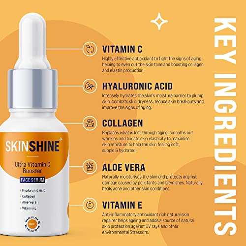 SKINSHINE 𝗪𝗜𝗡𝗡𝗘𝗥 𝟮𝟬𝟮1* - NEW Ultra Vitamin C Booster Face Serum with Hyaluronic Acid & Collagen - UK Made - Remove Acne Scars, Wrinkles, Blemishes & Signs of Ageing - For Women & Men