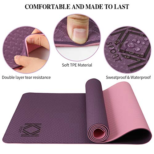 KK Yoga Mat, Non Slip Exercise Mat Purple, Extra Grip TPE Eco Friendly Workout Mat with convenient Carry Bag. Fitness Mat for women and men for Yoga, Pilates. 6mm (¼ inch) thickness.(Purple)