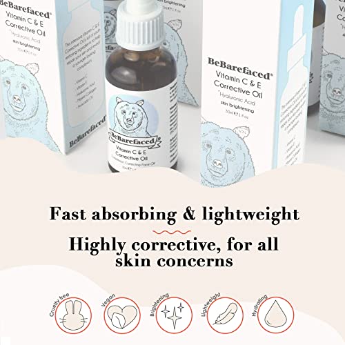 BeBarefaced Vitamin C & E Face Oil Face Serum Moisturiser - Skin Care Facial Oil Vitamin E Oil with Hyaluronic Acid, Rosehip Oil for Face and Grapeseed Oil - Anti Aging Skin Brightening Collagen Serum