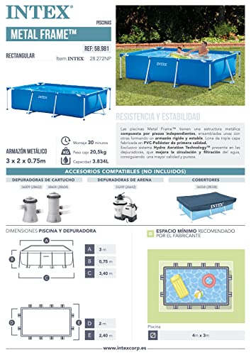 Intex 28272 Metal Frame Rectangular Pool without Filter Pump, 3834 L, Blue, 300 x 200 x 75 cm