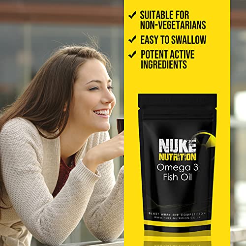 Nuke Nutrition Omega 3 Fish Oil Capsules - 180 Capsules - High Strength 1000mg with DHA & EPA - Cod Liver Oil Supplements - Omega 3 1000mg Capsules - Support Brain, Eye & Heart Health - Easy Swallow