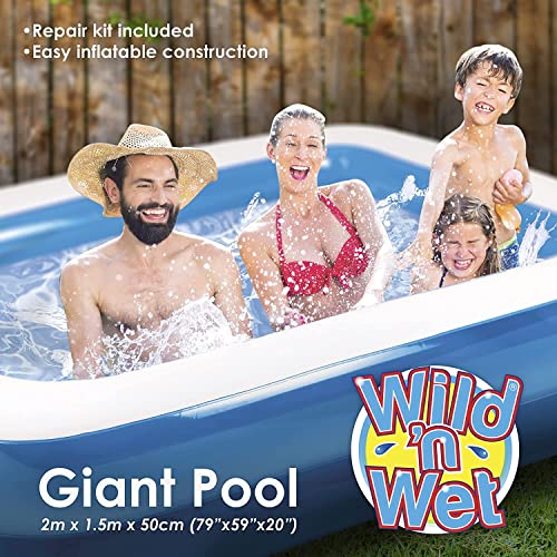 VFM - 2m Family Paddling Pool PVC Inflatable Giant Capacity Swimming Super Fun For Kids Holiday Summer Garden Swim Splash With Repair Kit- Wild 'n Wet