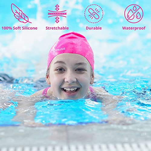 JIMJOOS Waterproof Kids Swimming Cap - 100% Silicone Durable and Odour Free Swim Hat - Stretchable, Anti slip Swim Cap - Swimming Hat for up to 8 Years With Protective Pouch (PINK)