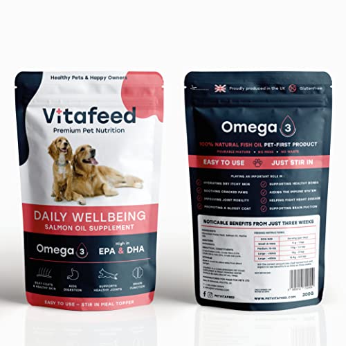 Vitafeed - Daily Wellbeing - Omega 3 Salmon Oil For Dogs Supplement. Natural Omega 3, 6 & 9 | Easy To Use | Just Stir In | No Waste