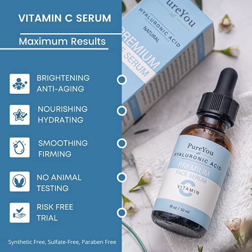 Natural Vitamin C Serum for Face- with Hyaluronic Acid, Ferulic Acid, Vitamin E - Premium Anti Aging & Anti Wrinkle Serum with Antioxidant Benefits