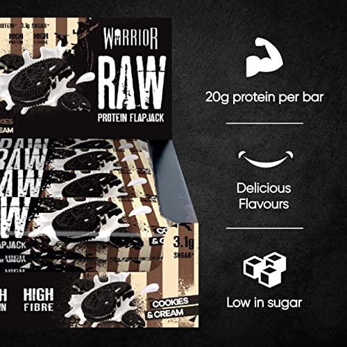 Warrior, Raw Protein Flapjacks - 12 Bars x 75g Each - Packed with 21g of Protein (Cookies & Cream)