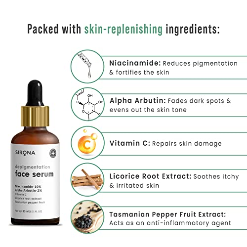 Sirona 10% Niacinamide Face Serum for Pigmentation & Dark Spots Removal - 30 ml | Remove Blemishes, Acne Marks & Tanning | with Vitamin C, Alpha Arbutin and Licorice Root Extract