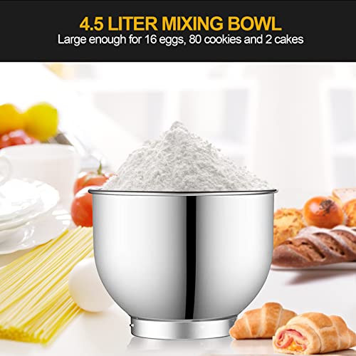 Stand Mixer, 8 Speed Dough Mixer, Low Noise Multifunction Food Processor, 4.5L Stainless Steel Bowl, Beater, Dough Hook, Whisk and Splash Guard