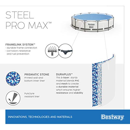 Bestway Steel Pro MAX Frame Pool Complete Set with Filter Pump Diameter 457 x 122 cm, Light Grey, Round