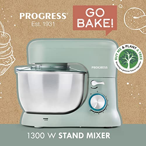 Progress EK5234PTEAL Go Bake Stand Mixer, 4 L Stainless Steel Bowl, Electric Kitchen Mixer, 8 Speed Settings & Pulse, 3 Attachments: Beater, Dough Hook, Whisk, Splash Guard, Safety Lock, 1300W, Teal