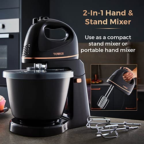 Tower T12039 Rose Gold 2-in-1 Hand & Stand Mixer, 2.5L, 300W, Black