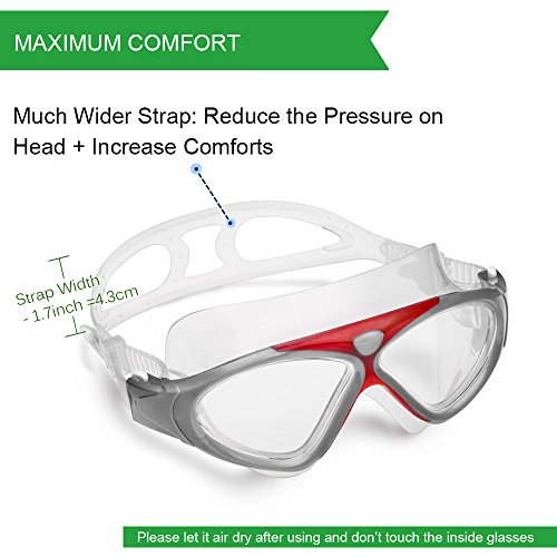 Swimming Goggles,Adult Swim Goggles Anti Fog No Leakage Clear Vision UV Protection Anti Slip Easy to Adjust Comfortable Silicone Skirt,Professional Swim Goggles for Men and Women (Red/Clear lens)