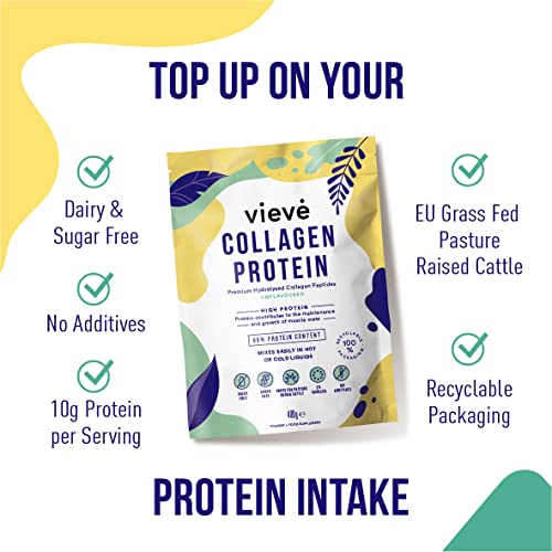 Vieve Collagen Protein Powder - Hydrolysed Bovine Peptides - Diet Support Supplement for Skin, Hair, Nail Health - Non-GMO, EU Grass-Fed, Pasture-Raised Cattle - No Dairy or Sugar, Flavourless, 400g