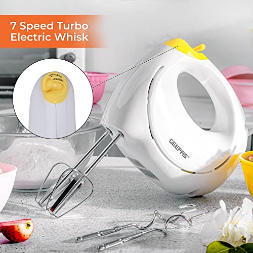 Geepas 150W Hand Mixer - Electric Whisk, Handheld Food Collection Cake Mixer for Baking - 7 Speed Turbo & Eject Button, Stainless Steel Beaters & Dough Hooks for Whipping Cream Dough Egg Beater, White