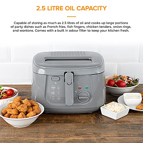 LIVIVO Electric 2.5L Deep Fat Countertop Fryer Non-Stick Coating, Internal Mesh Basket with Safety Handle and Viewing Window Easy Clean (White) (Grey)