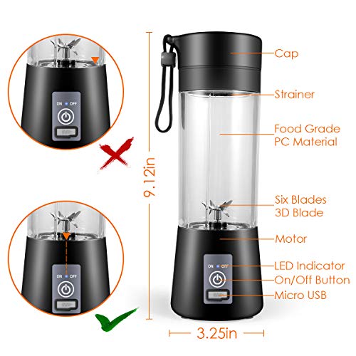 VleOak Mini Portable Blender with USB Rechargeable Six Blades Suitable for Baby Food Travel Gym Outdoor Activities Handheld Smoothie Maker Personal Mixer(Black)