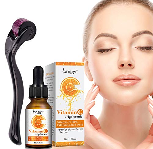 Derma Roller Microneedling Kit for Face 1.0mm and Vitamin C Serum with Hyaluronic Acid Facial Serum - 540 Titanium Microneedle Organic Vitamin C 20% Serum Micro Needles Acne Scar Anti Aging Wrinkles