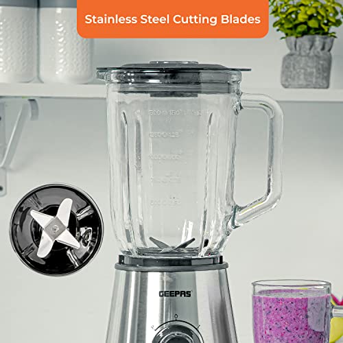 Geepas 700W Glass Jug Food Blender Smoothie Maker | Stainless Steel Cutting Blades, 3 Speed Control with Pulse & 1.5L Glass Jar | Powerful Copper Motor Jug Blender & Ice Crusher – 2 Year Warranty