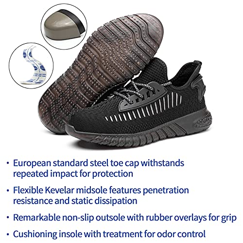 Safety Shoes Men Women Steel Toe Cap Trainers Lightweight Non-Slip Work Shoes Steel Toe Sport Sneaker Breathable Puncture Proof Industrial Protective Shoes (3 Black,11 UK)