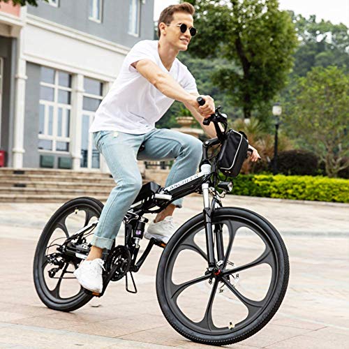 ANCHEER Electric Bike Electric Mountain Bike, 26 Inch Folding E-bike with Super Magnesium Alloy 6 Spokes Integrated Wheel, Premium Full Suspension and Shimano 21 Speed Gear (White)