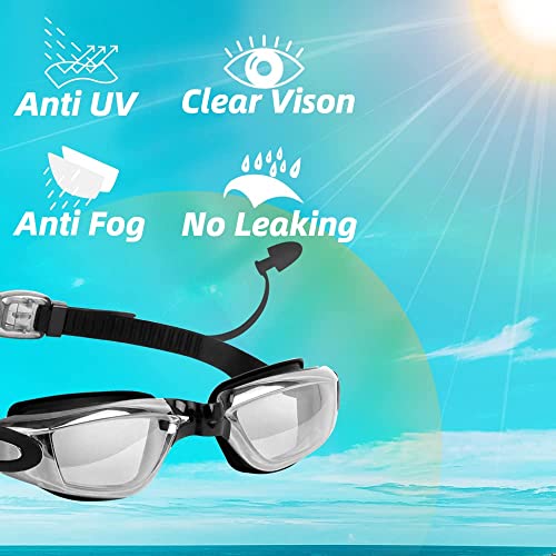 Swimming Goggles, Lychico Anti Fog Swim Goggles With UV Protection Mirrored, Adults No Leaking 180 Degree Vision with Protection Case and Soft Silicone Nose Bridge for Men Women, Black, One Size (YYJ)