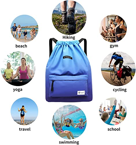 Risefit Waterproof Drawstring Bags, Printed Gym Sackpacks Bags Sports Backpacks for Shopping Swimming Yoga for Men Women Girls Students (Light Blue)