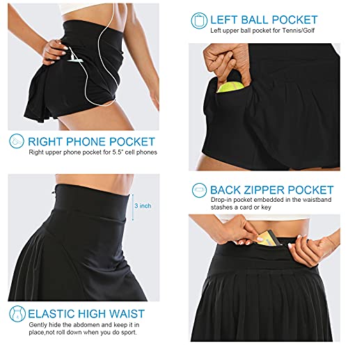 Women's Pleated Tennis Skirt with Shorts Pockets Athletic Golf Skort Activewear Sport Workout Running Skirt High Waist (Black,L)