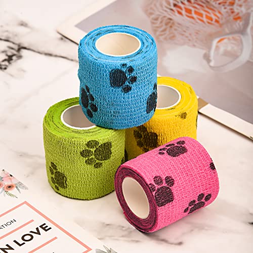 NAUZE 4 Rolls Pet Vet Wrap Pet Vet Bandage Self Adherent Bandage Dog Paw Pattern Bandage