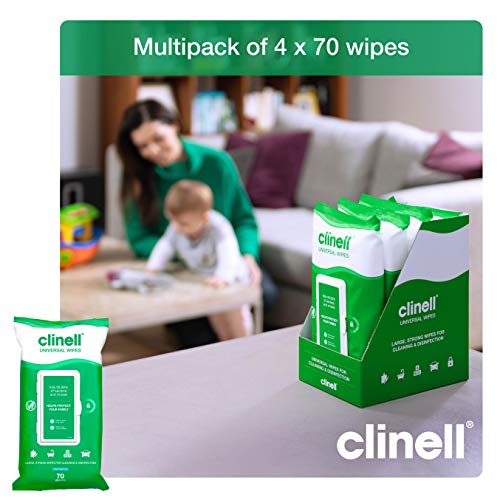 Clinell Universal Cleaning and Disinfecting Wipes for Home (CW70R4) - 4 Packs of 70 Antimicrobial Wipes with Moisture Lock Lid - Kills 99.99% of Germs, Effective from 10 Seconds