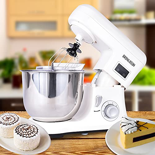 Branlason Stand Mixer 1300w Dough Machine Multifunction kitchen Food Mixer 5L Electric Cake Mixer with Bowl, Beater, Hook, Whisk Food Blender with Pulse Function and Turbo Speed Control (White 2)