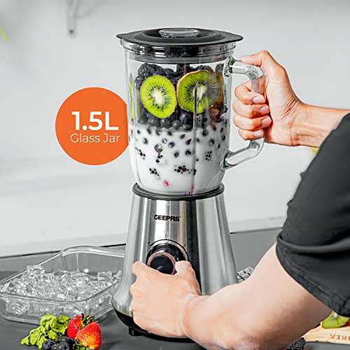 Geepas 700W Glass Jug Food Blender Smoothie Maker | Stainless Steel Cutting Blades, 3 Speed Control with Pulse & 1.5L Glass Jar | Powerful Copper Motor Jug Blender & Ice Crusher – 2 Year Warranty