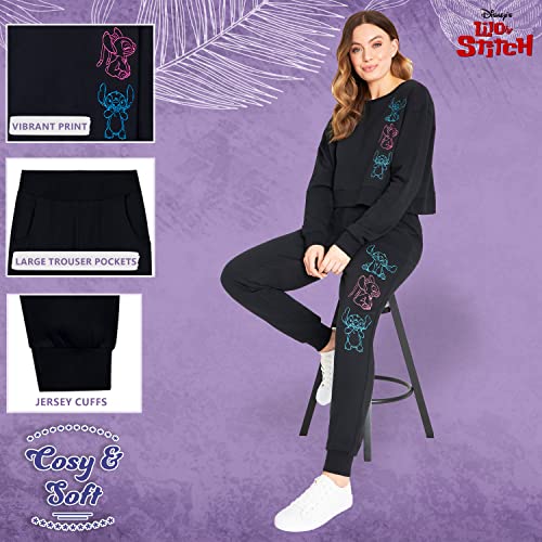 Disney Tracksuit Womens Full Set, Stitch Crop Top Loungewear Set (Black, XL)