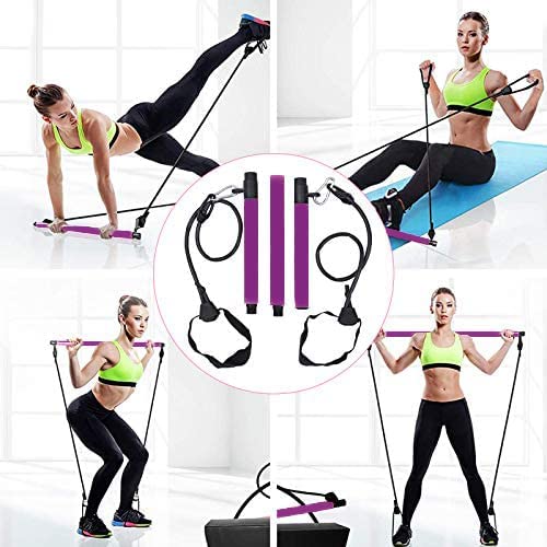 Velageo Pilates Bar Kit for Portable Home Gym Workout + 2 Latex Exercise Resistance Band, 3-Section Sticks - All-in-one Strength Weights Equipment for Body Fitness Yoga Squat