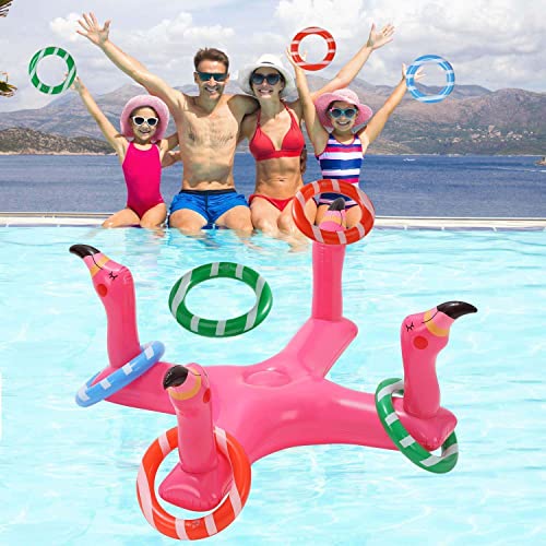 mciskin Flamingo Inflatable Pool Ring Toss Games Toys, Floating Flamingo Swimming Pool Ring with 6Pcs Rings, Swimming Pool Games for Kids Adults Summer Pool Party