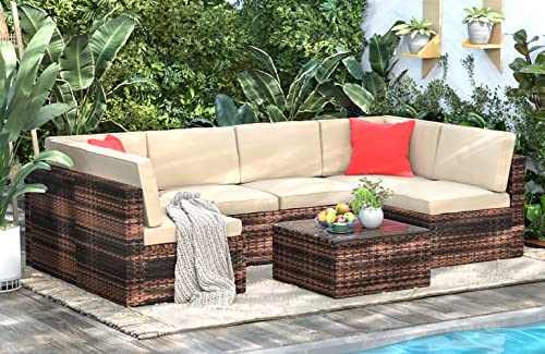 rattantree Garden Furniture Set with Cover, 6 Seats Patio Sofa Set with Coffee Table, All Weather Rattan Outdoor Sectional Corner Sofa for Porch, Backyard, Garden, Poolside, Balcony(Brown)