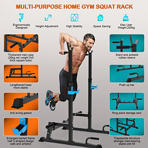 JX FITNESS Squat Rack Multi-Function Barbell Rack Height Adjustable Dip Stand Home Gym Weight Lifting Bench Press Dip Station Push up Portable Strength Training Dumbbell Rack