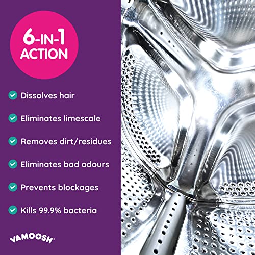 Vamoosh 6-in-1 Washing Machine Cleaner, Dissolves Hair, Eliminates Bad Odours, Removes Limescale, Deep Clean, Leaves Smelling Fresh, Antibacterial, Descales, 2 Sachet, 2 Washes