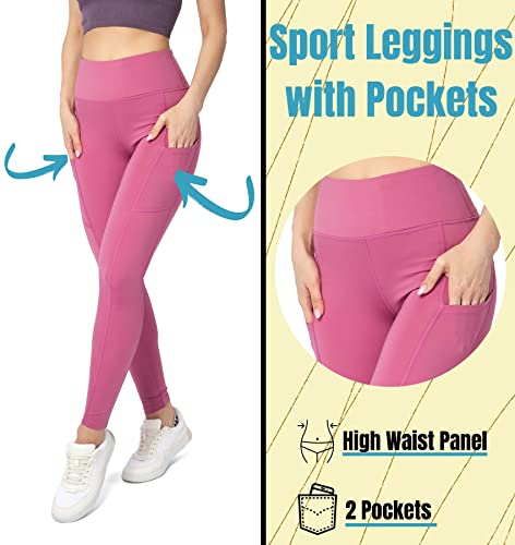 FUTURO FASHION Ladies Sport Leggings with Pockets I Slim Push-up Stretchy Workout Gym Leggings I Tummy Control High Waisted Yoga Gym Pants I Women Activewear Sport Leggings I Size 8-18 UK Pink