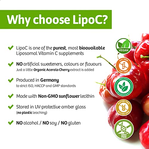 New Liposomal Vitamin C 1000mg with Organic Acerola Cherry :: LipoC for Immune System, Collagen | 1g Liquid Non-GMO Sunflower Lecithin | Natural lypo-spheric C (High Strength) 250ml