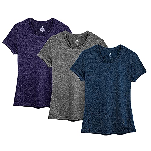 icyzone Women's Workout Running T-Shirt Activewear Yoga Gym Short Sleeve Tops Sports Shirts, 3-Pack (L, Royal Blue/Purple/Charcoal)